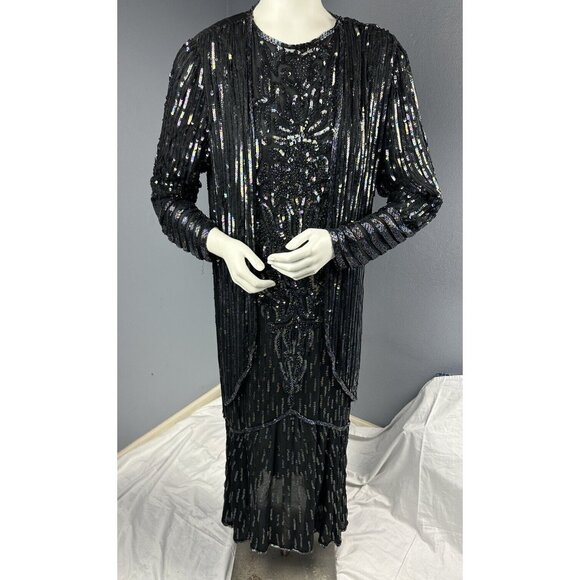 Vtg Fantasy By Lisa Kane Pure Silk Embellished Black Beaded Dress 36” Bust - Picture 2 of 16